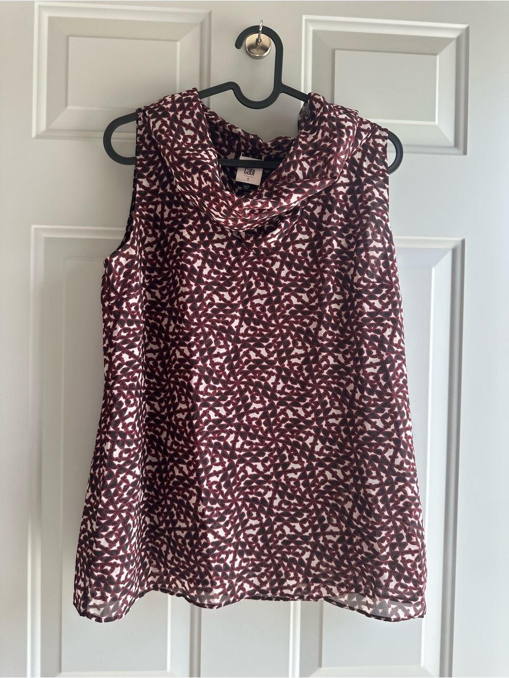 CAbi Sleeveless Cowl Neck Camisole in Burgundy and White Geometric